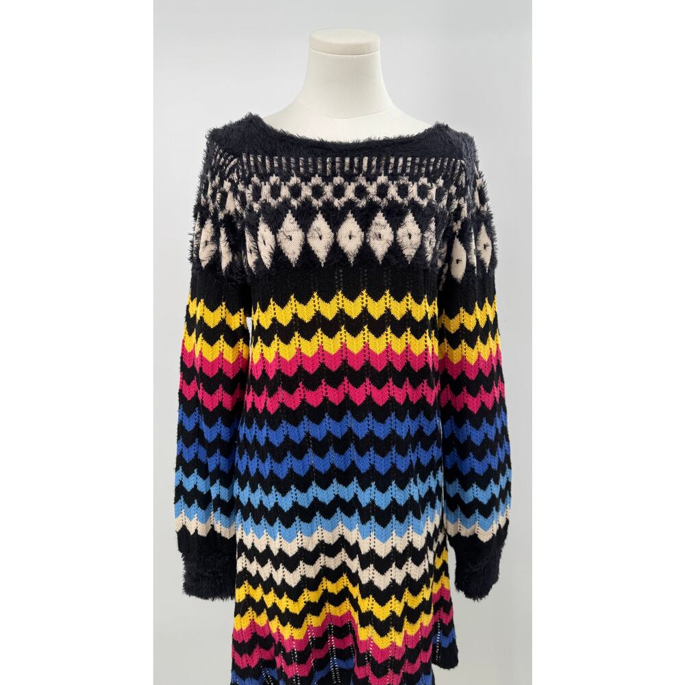 Farm Rio Black Stripe Knit Dress Bright Crochet Sweater Dress Mini Whimsy M